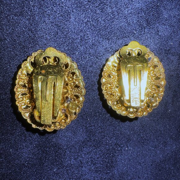 Vintage Gemstone Pearl and Gold West Germany Made Clip-On Earrings EUC - Picture 11 of 12